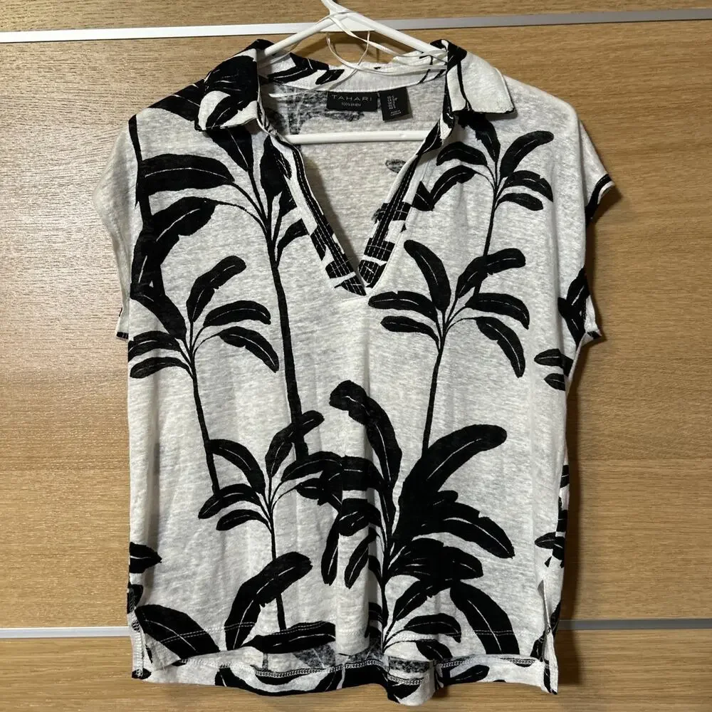 Tahari Women sz S 100% Linen Black White Palm Print Tropical Top V-neck Nautical - Picture 1 of 6